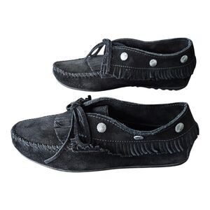 Minnetonka Black Suede Leather Fringe Moccasin Loafer Bootie Size 8.5 Boho